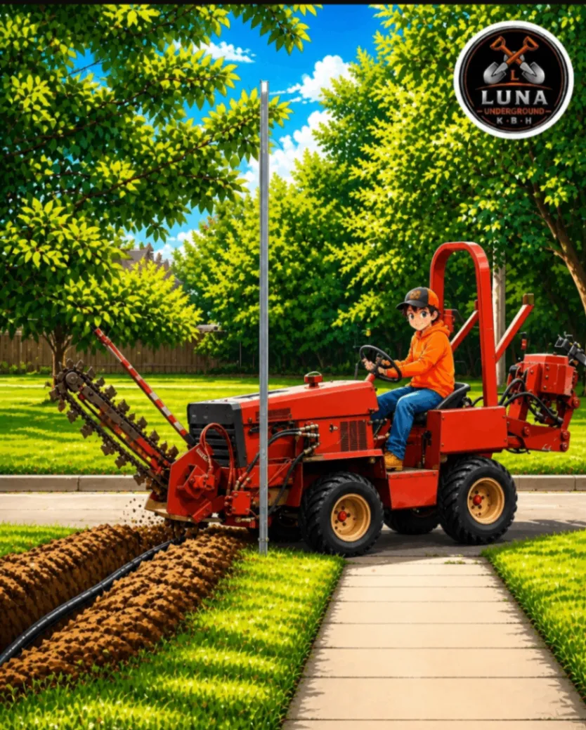 Red trenching machine working along a route