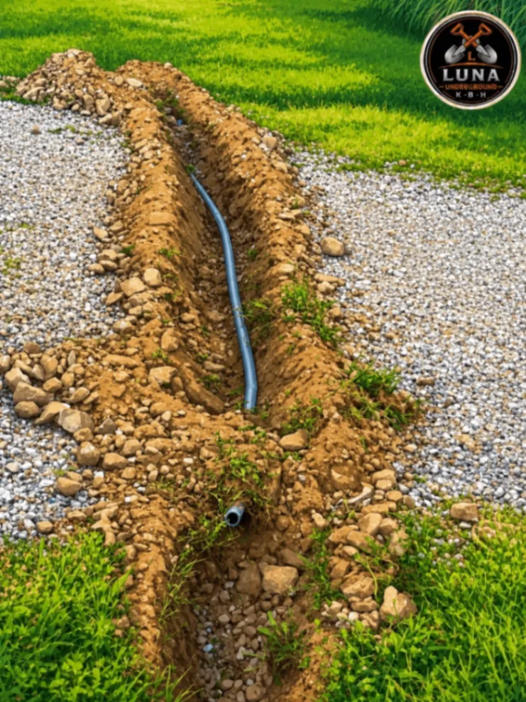 Conduit visible in a gravel-lined trench