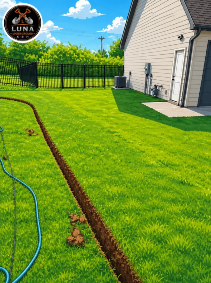 A clean trench running through a residential lawn